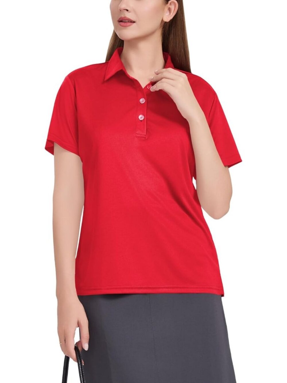 Women's Red 4 Buttons UPF 50+ Short Sleeve Polo Shirt Collared Quick Dry Tops
